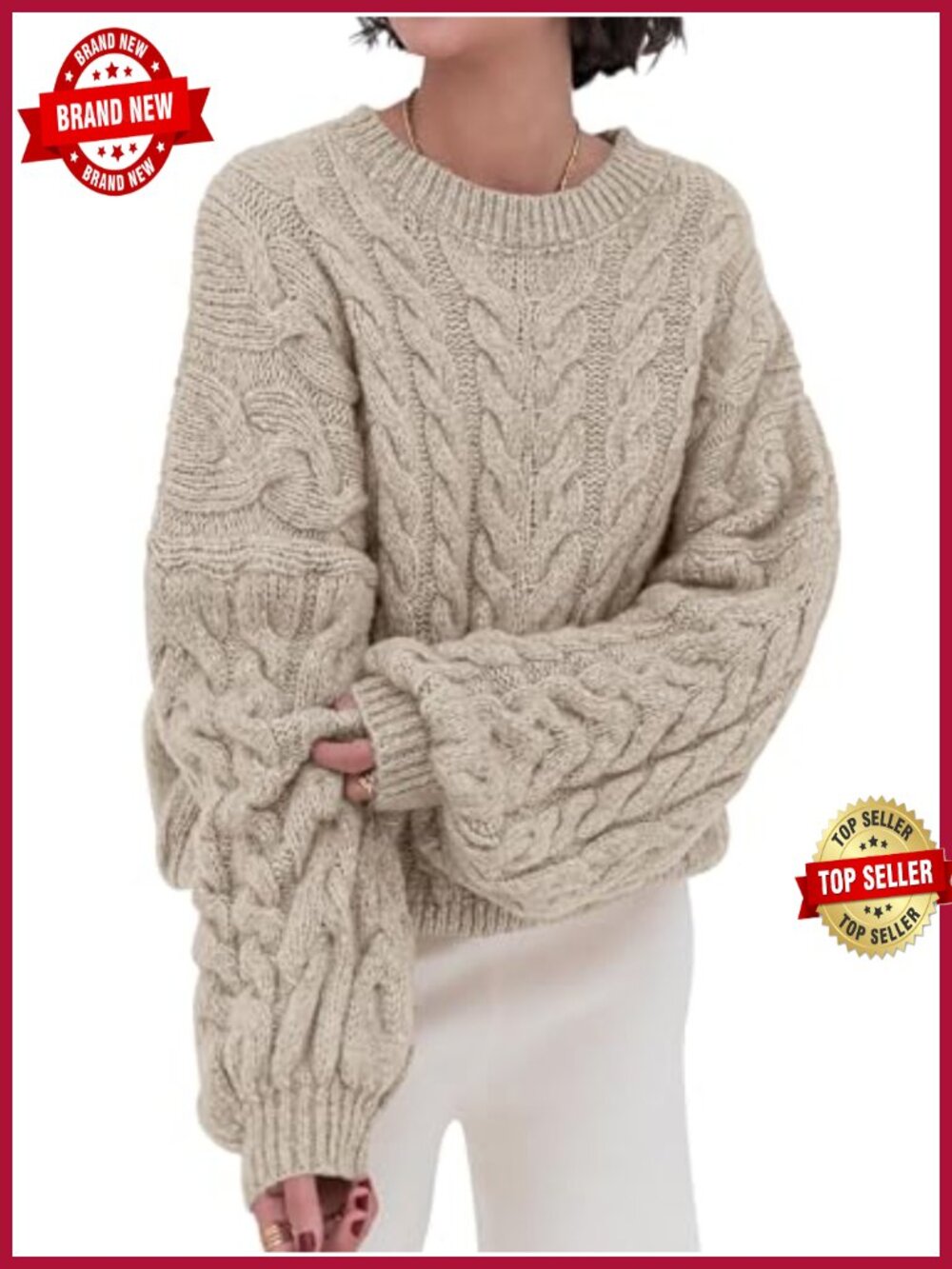 PRETTYGARDEN Cable Knit Oversized Sweater Crewneck Chunky Pullover